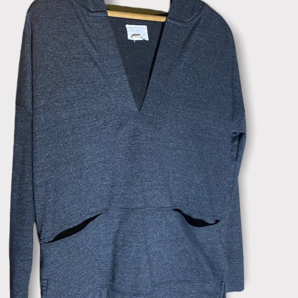 Caslon Navy Cotton Split V-Neck Hooded Pullover Two Pocket Pullover Sweatshirt - Picture 2 of 8